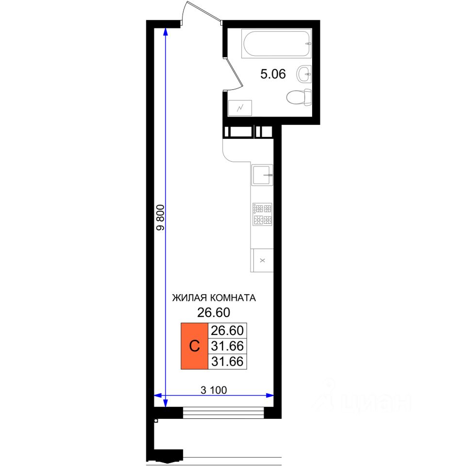 Студия, 31,7 м², 4/8 этаж