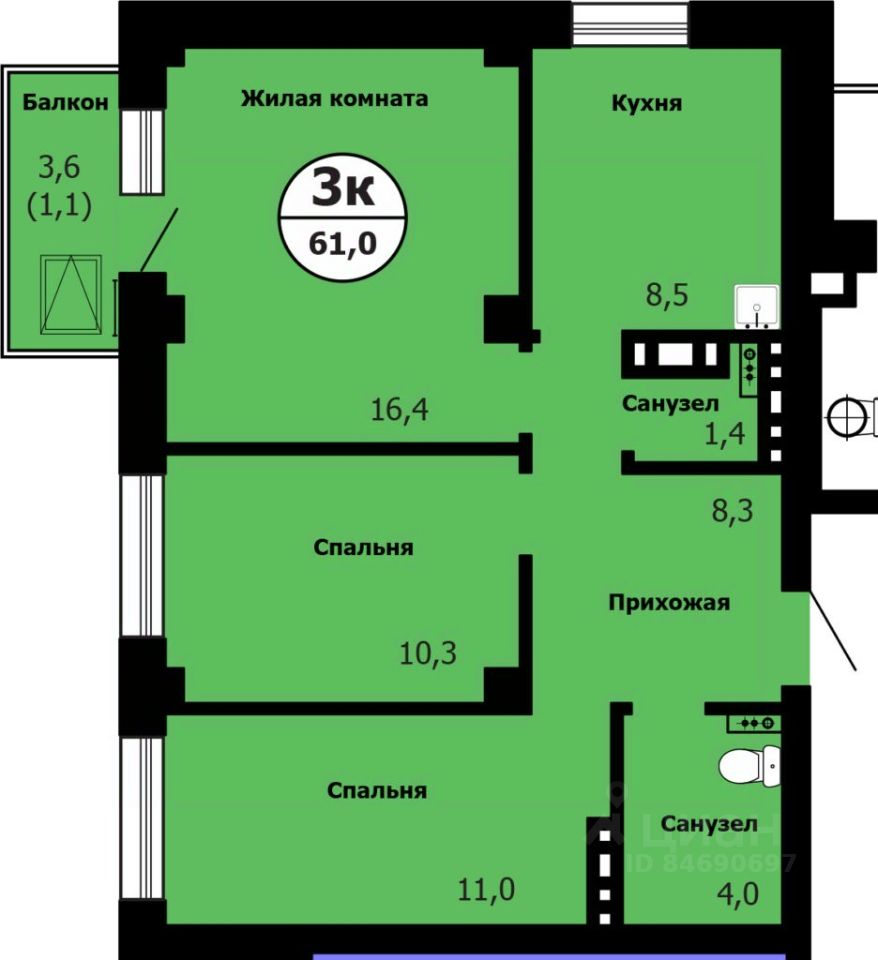 3-комн.кв., 62,3 м², 18/26 этаж