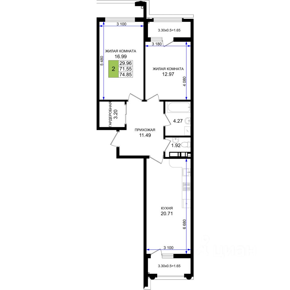 2-комн.кв., 74,8 м², 2/8 этаж