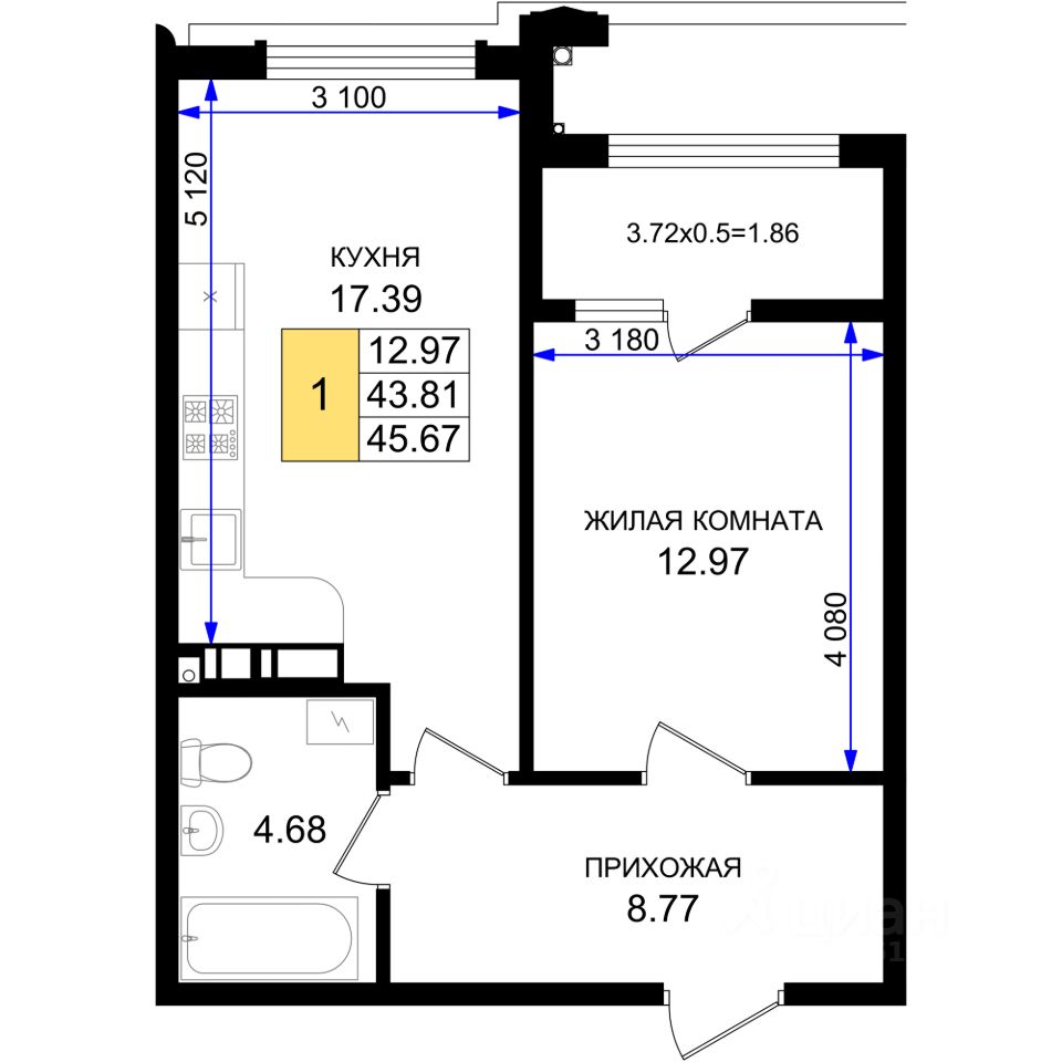 1-комн.кв., 45,7 м², 4/8 этаж