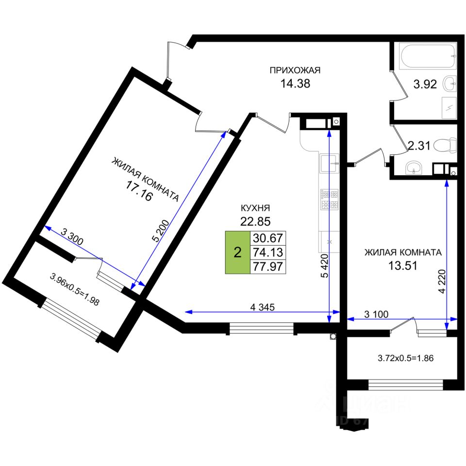 2-комн.кв., 78 м², 4/8 этаж