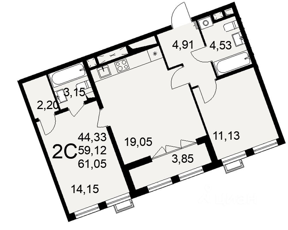 2-комн.кв., 61 м², 16/16 этаж