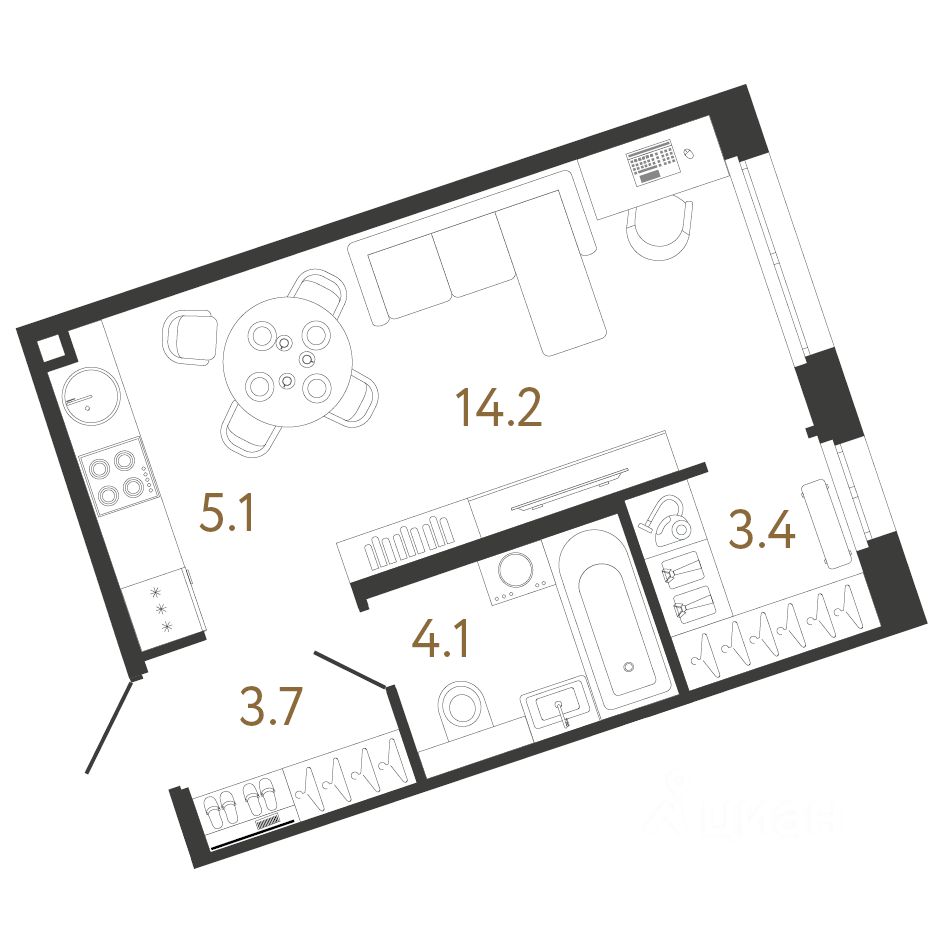 Студия, 30,5 м², 5/12 этаж