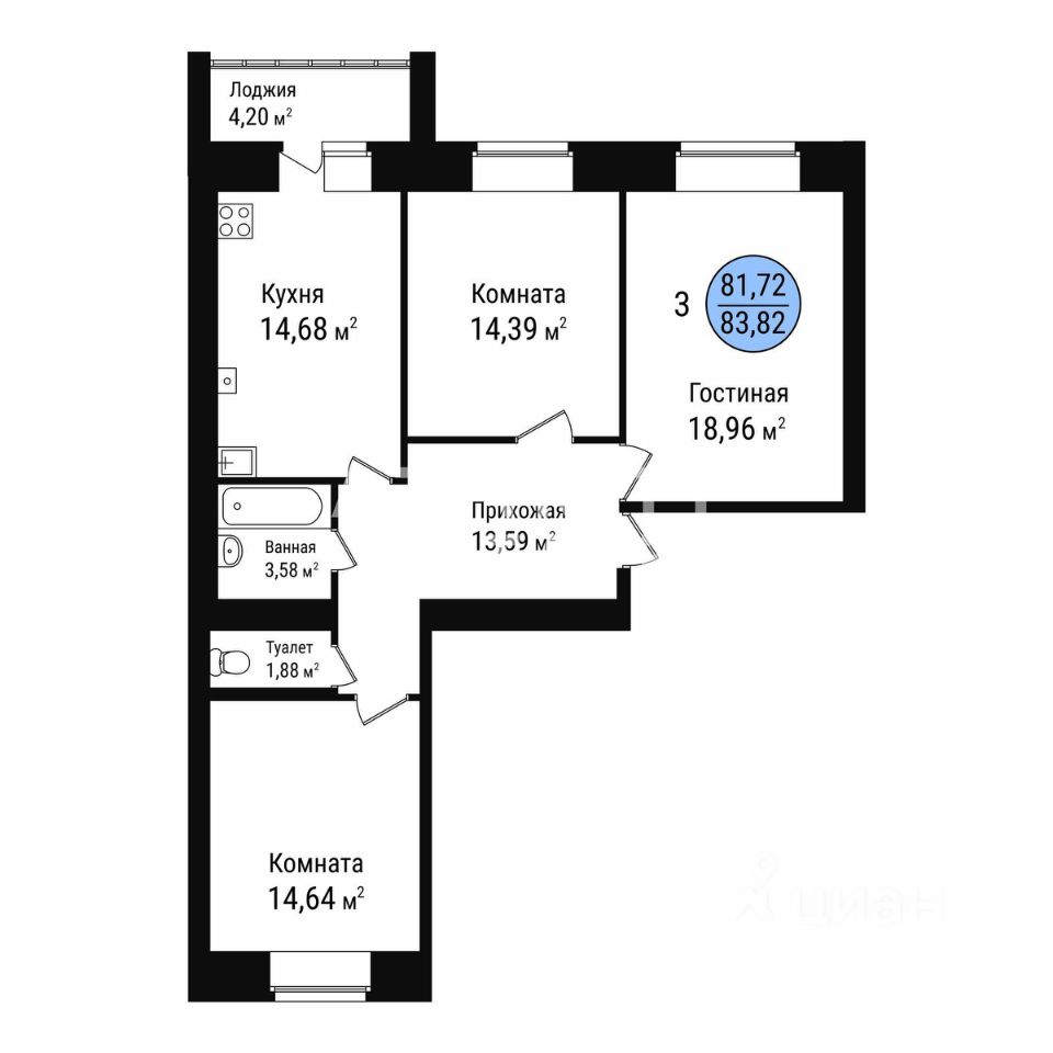 Планировка этой квартиры по данным Циан