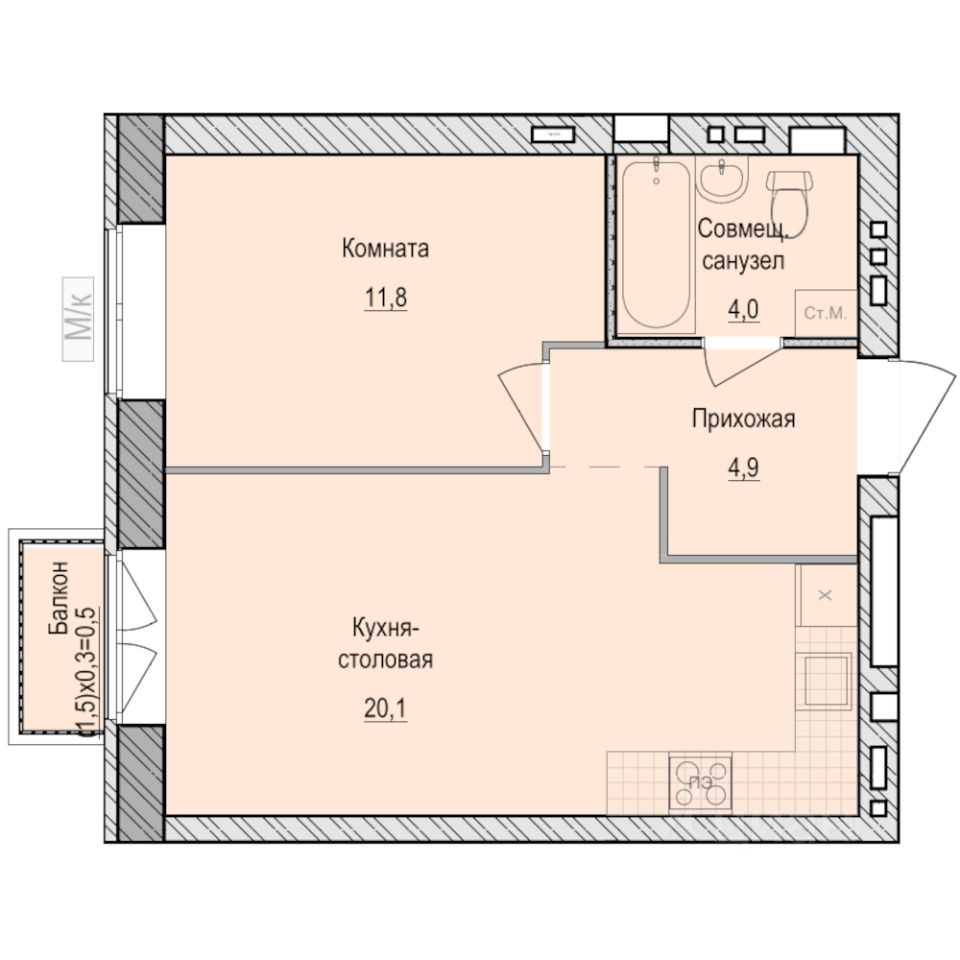 1-комн.кв., 41,1 м², 2/7 этаж