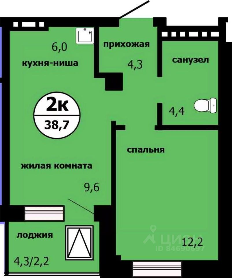 2-комн.кв., 37,9 м², 3/19 этаж