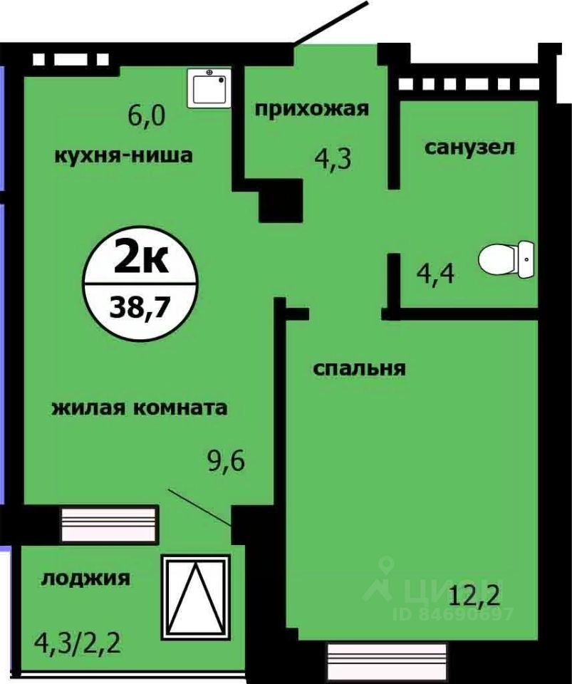 2-комн.кв., 37,9 м², 15/19 этаж