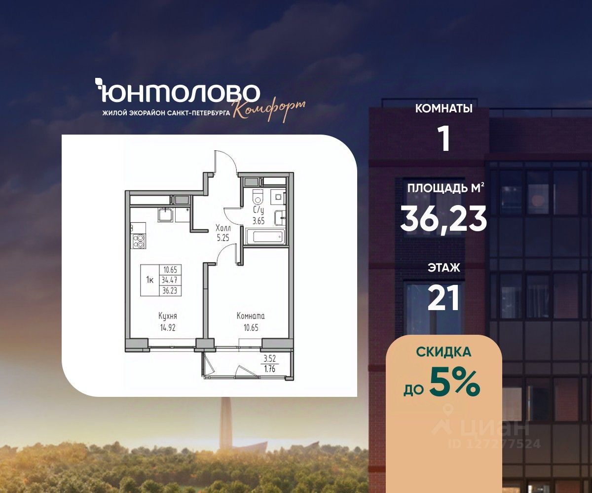 1-комн.кв., 36,2 м², 21/23 этаж