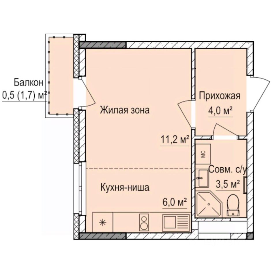 Студия, 25,2 м², 5/17 этаж