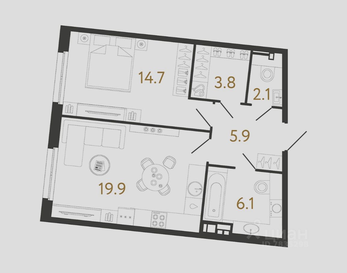 1-комн.кв., 52,5 м², 2/9 этаж