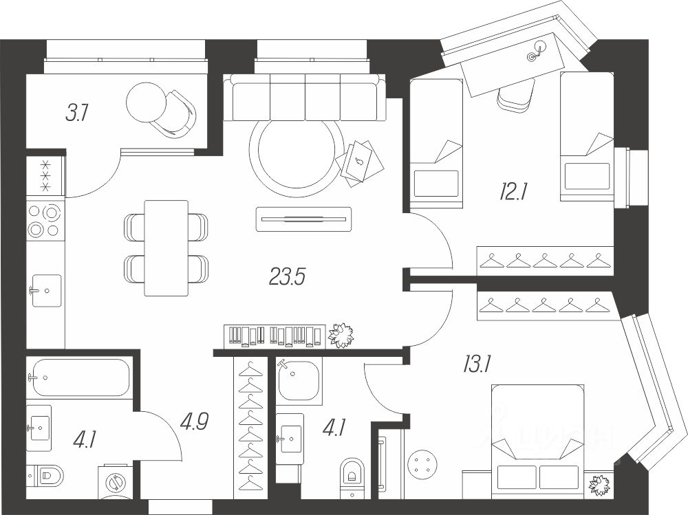 2-комн.кв., 65,5 м², 3/24 этаж