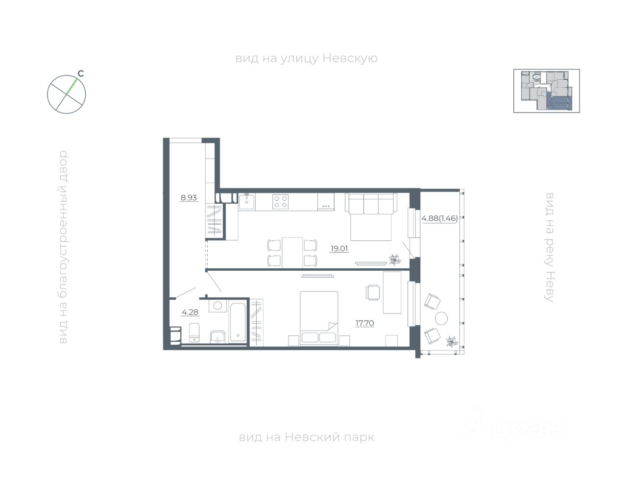 1-комн.кв., 51,9 м², 2/5 этаж