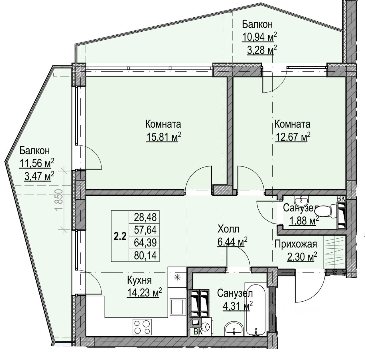 2-комн.кв., 64,4 м², 3/12 этаж