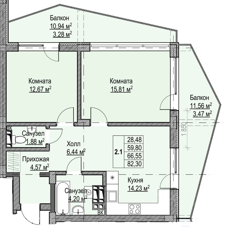 2-комн.кв., 66,5 м², 4/12 этаж