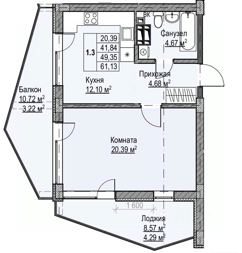1-комн.кв., 49,4 м², 5/12 этаж