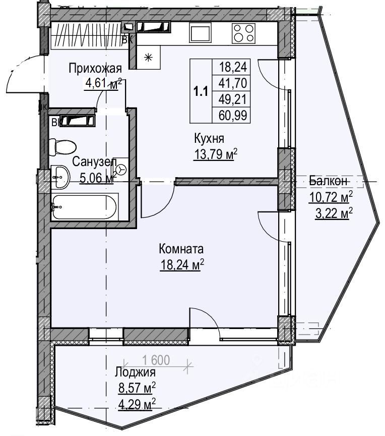 1-комн.кв., 49,2 м², 3/12 этаж