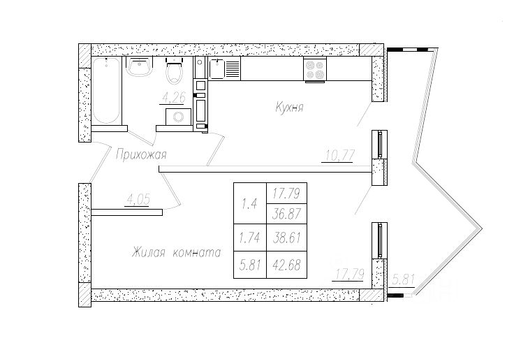 1-комн.кв., 38,5 м², 2/8 этаж