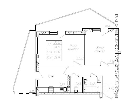 2-комн.кв., 61,2 м², 6/8 этаж