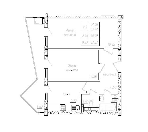 2-комн.кв., 61,4 м², 8/8 этаж