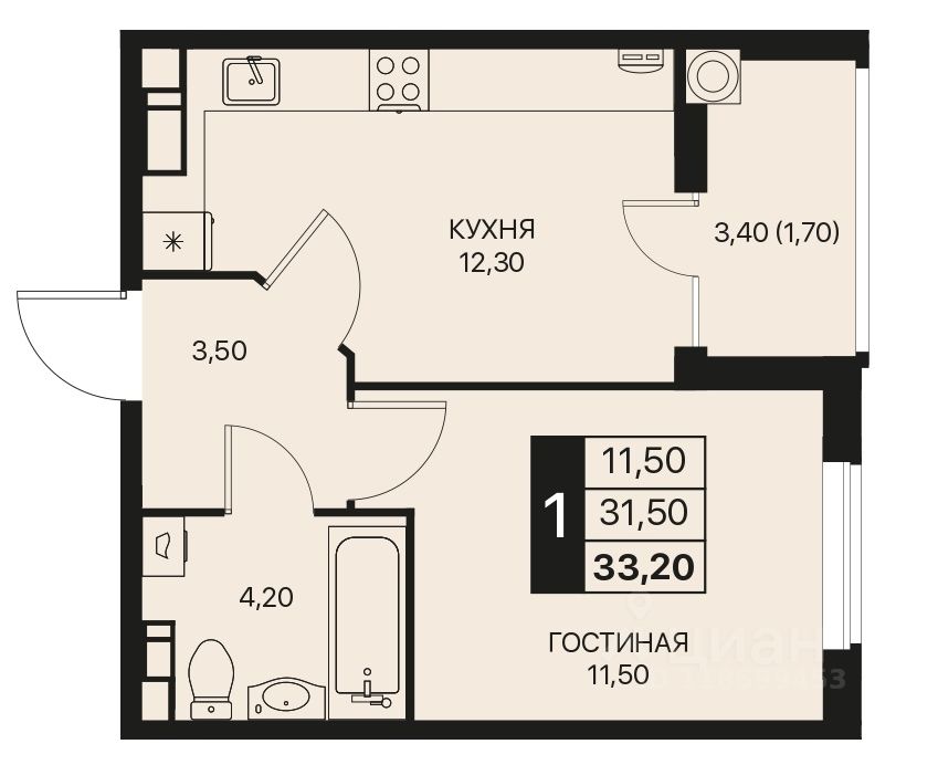 1-комн.кв., 33,2 м², 10/12 этаж