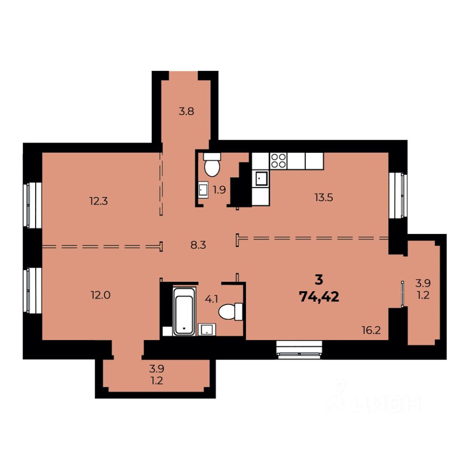 3-комн.кв., 74,4 м², 4/15 этаж