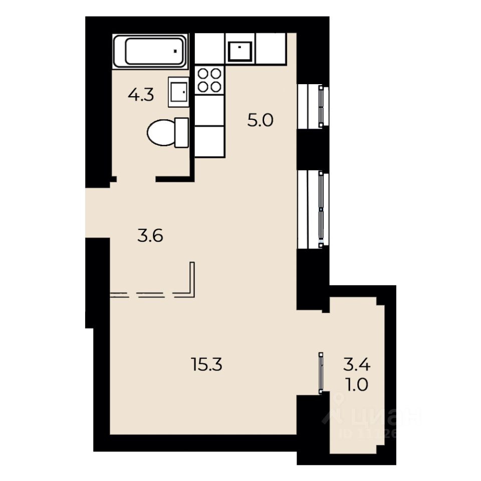 1-комн.кв., 29,2 м², 3/15 этаж