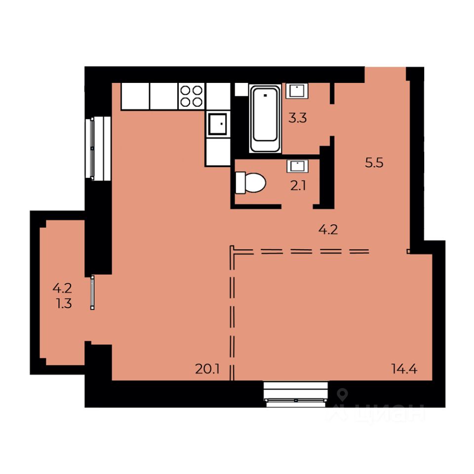 1-комн.кв., 51,9 м², 1/15 этаж