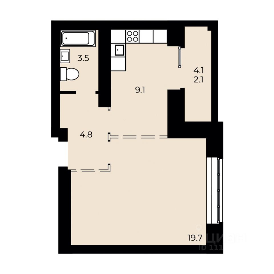 1-комн.кв., 39,4 м², 7/15 этаж