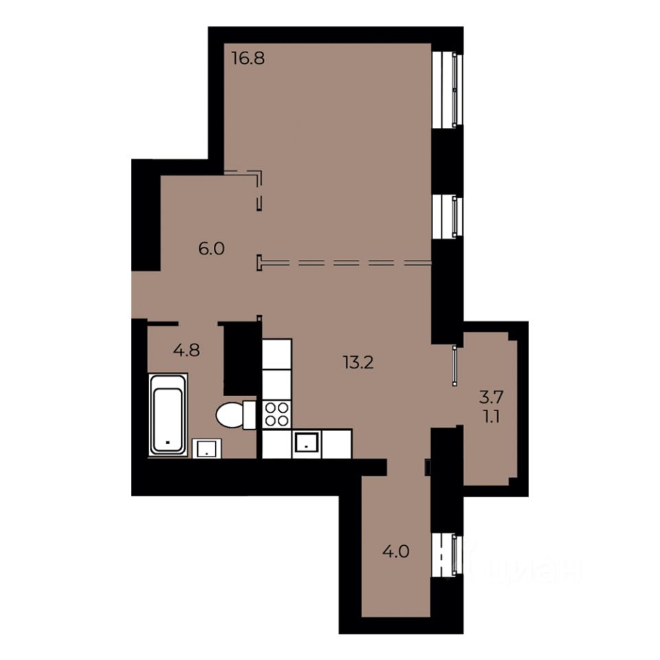 1-комн.кв., 45,4 м², 8/15 этаж