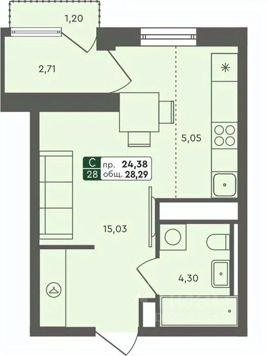 Студия, 28,3 м², 5/7 этаж