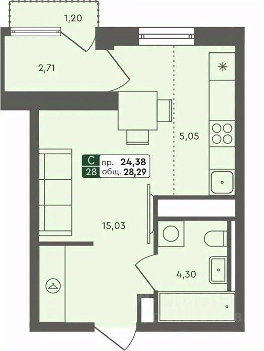 Студия, 28,3 м², 5/7 этаж