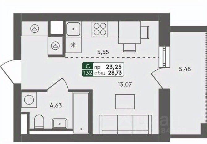 Студия, 28,7 м², 2/7 этаж