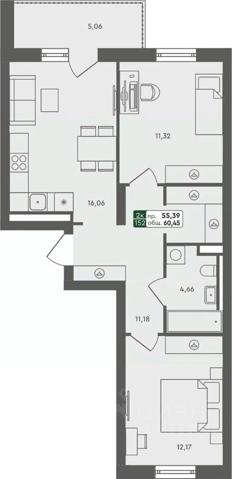 2-комн.кв., 60,5 м², 1/7 этаж