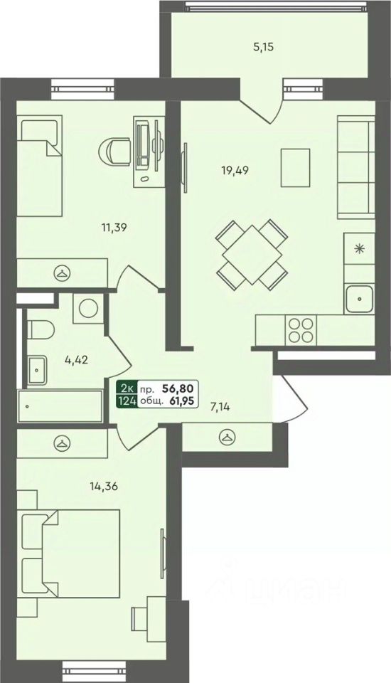 2-комн.кв., 62 м², 1/7 этаж