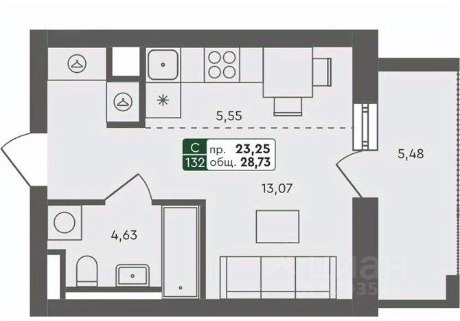 Студия, 28,7 м², 2/7 этаж