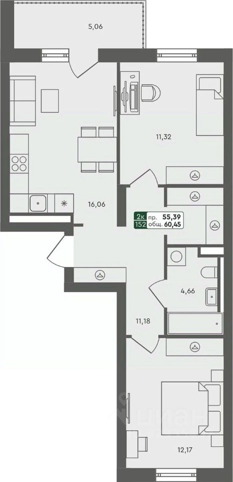 2-комн.кв., 60,5 м², 1/7 этаж