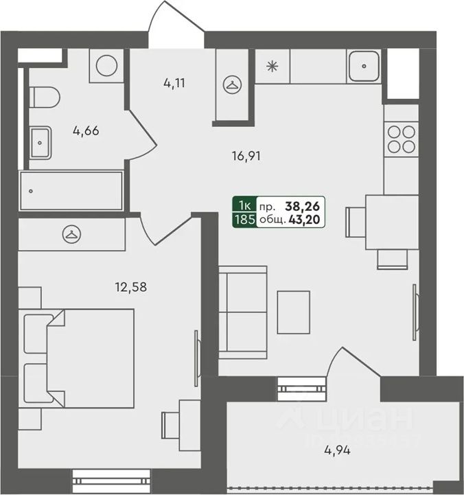 1-комн.кв., 43,2 м², 2/7 этаж