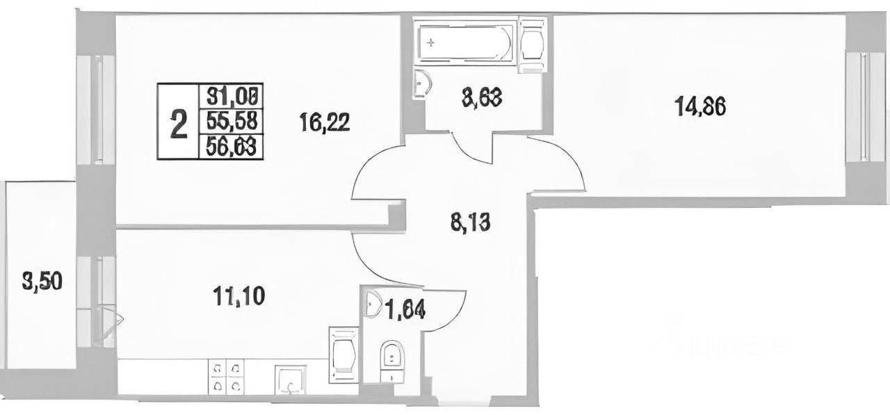 Планировка этой квартиры по данным Циан