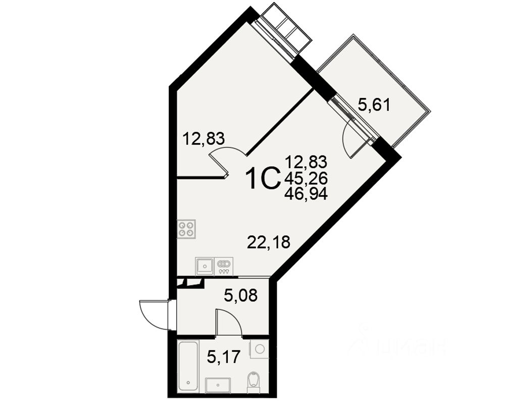 1-комн.кв., 45,3 м², 2/11 этаж