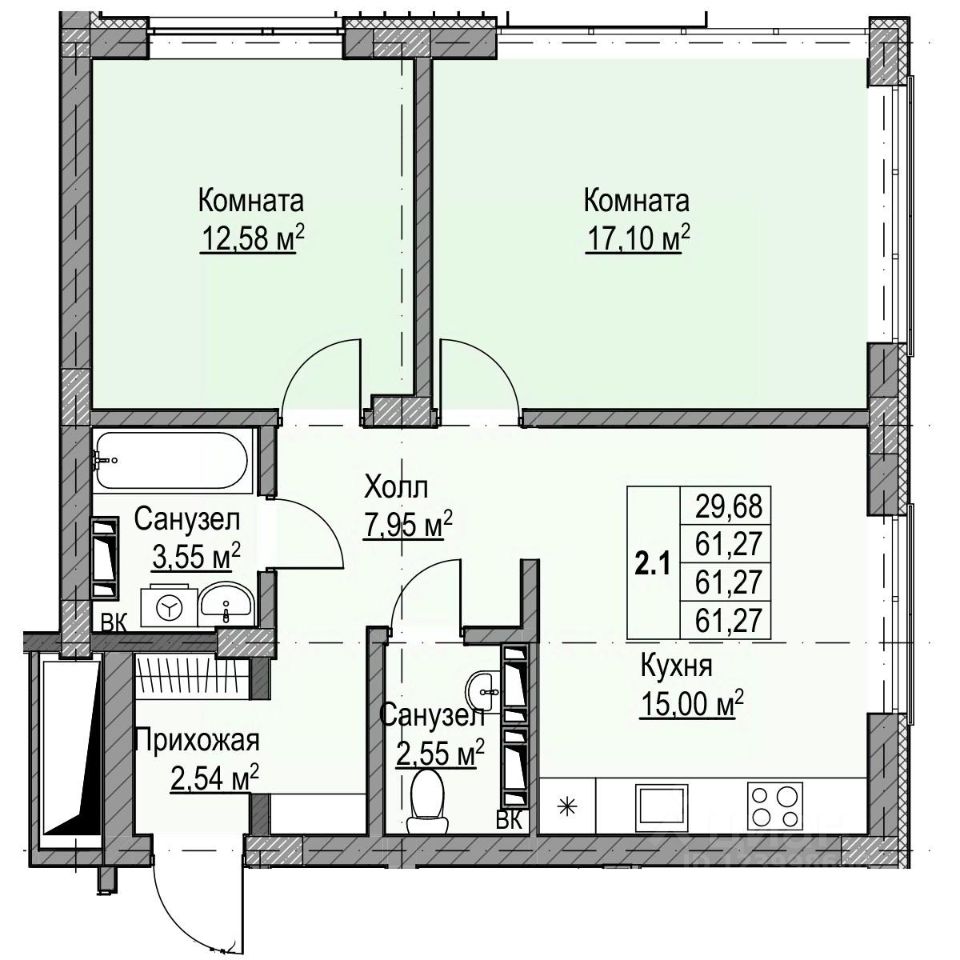 2-комн.кв., 61,3 м², 1/9 этаж