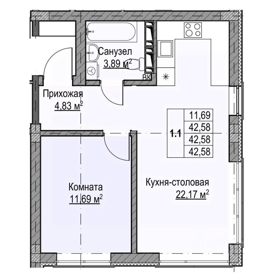 1-комн.кв., 42,6 м², 1/9 этаж