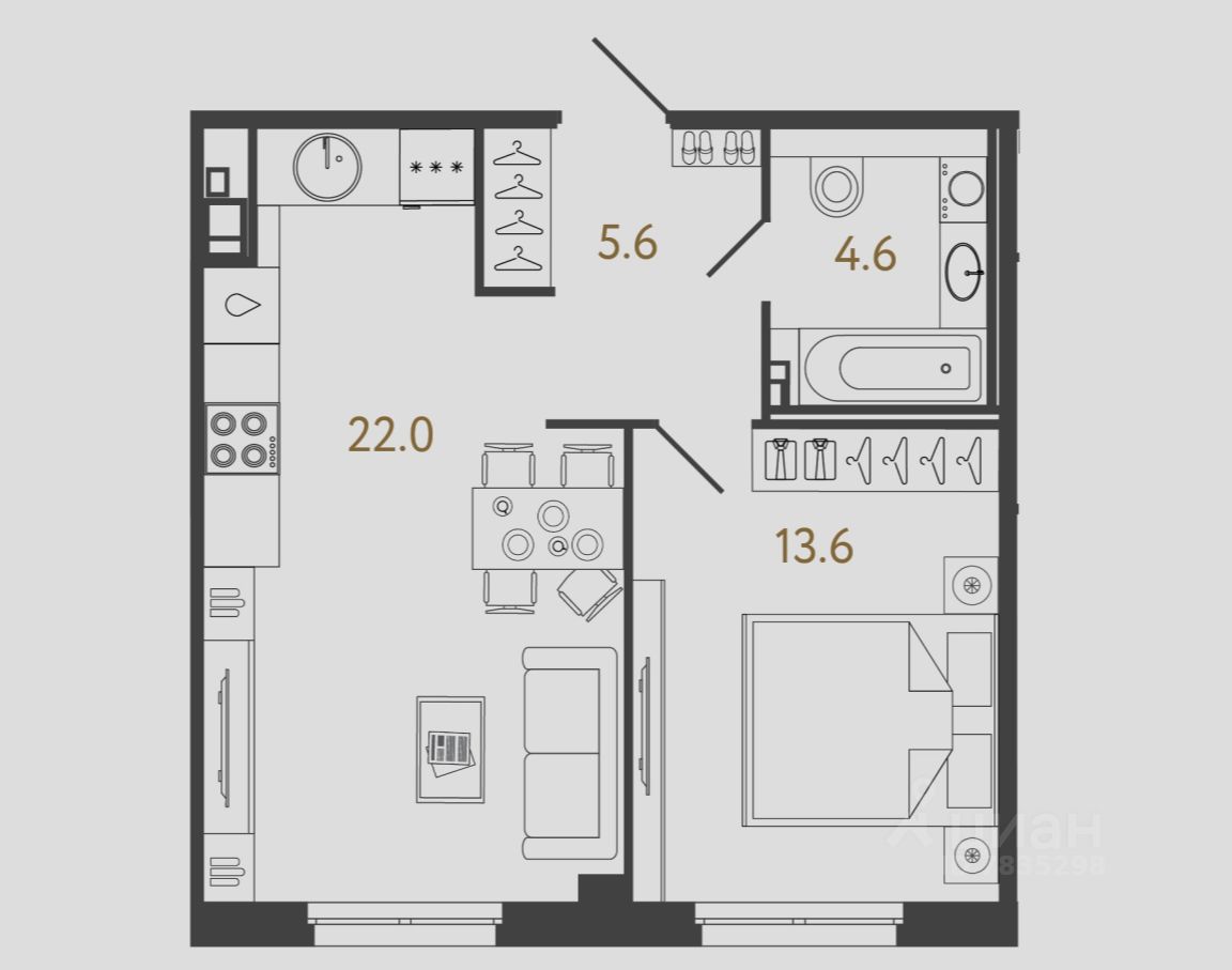 1-комн.кв., 45,8 м², 2/4 этаж