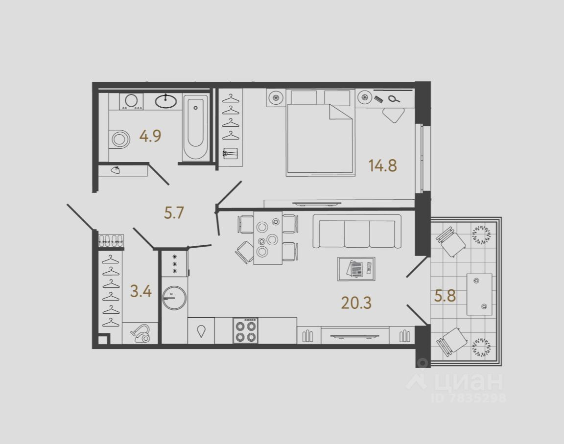 1-комн.кв., 49,1 м², 2/4 этаж