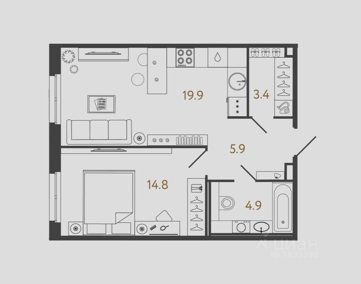 1-комн.кв., 48,9 м², 1/4 этаж