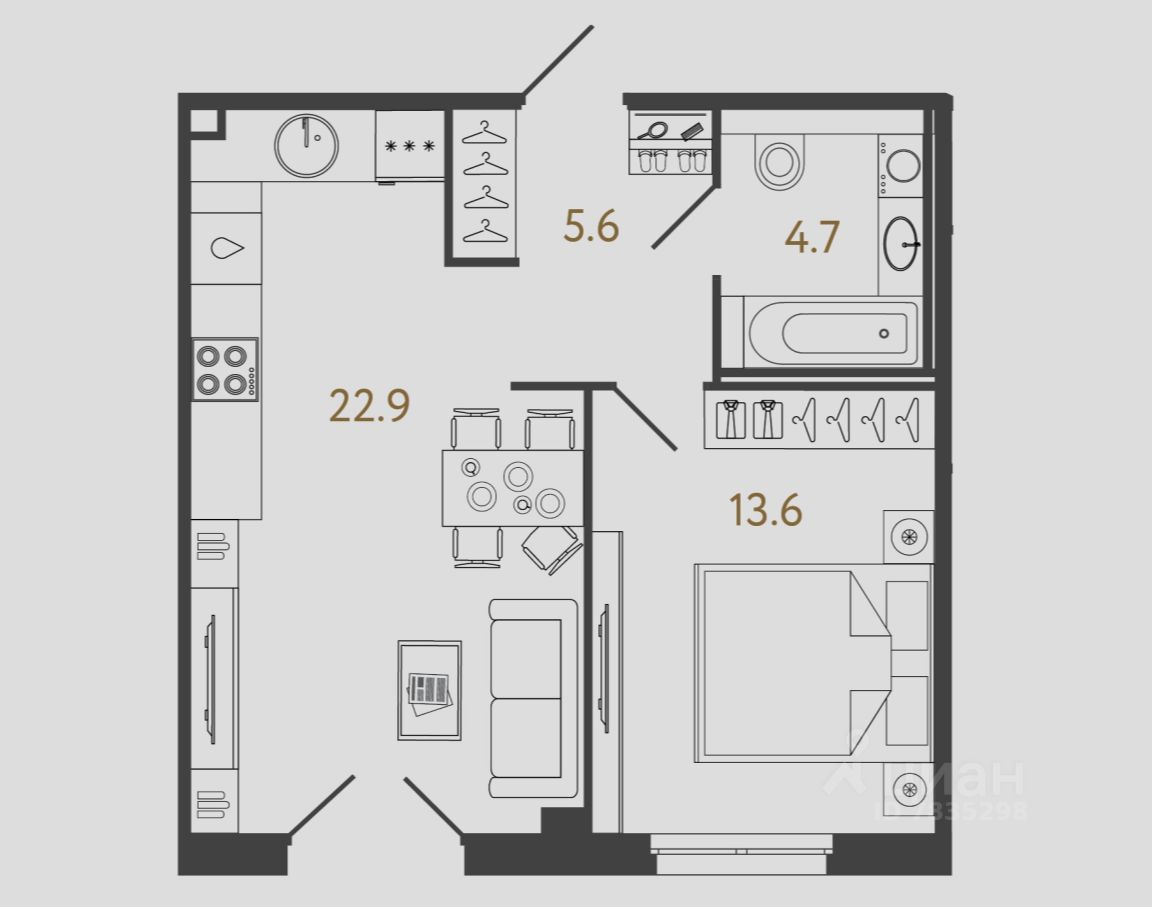 1-комн.кв., 46,8 м², 1/4 этаж