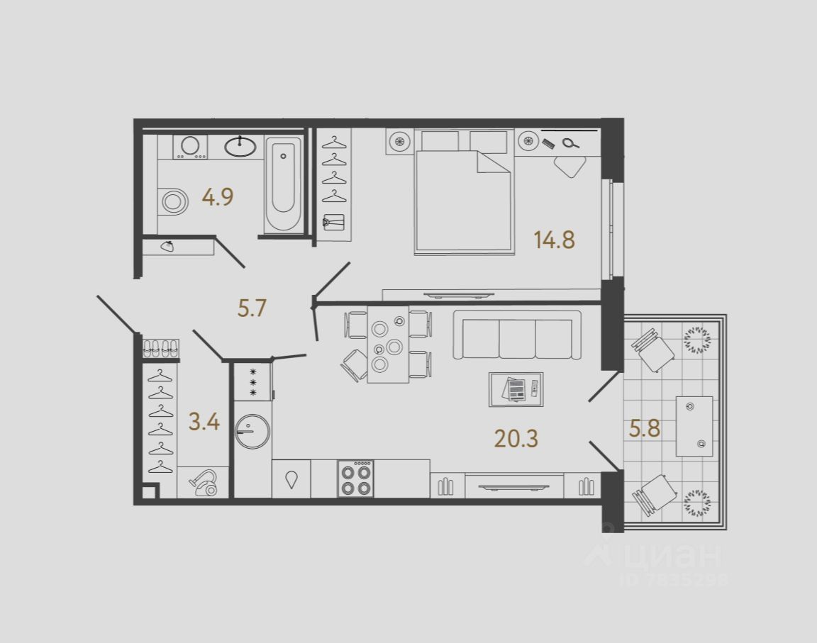 1-комн.кв., 49,1 м², 2/4 этаж