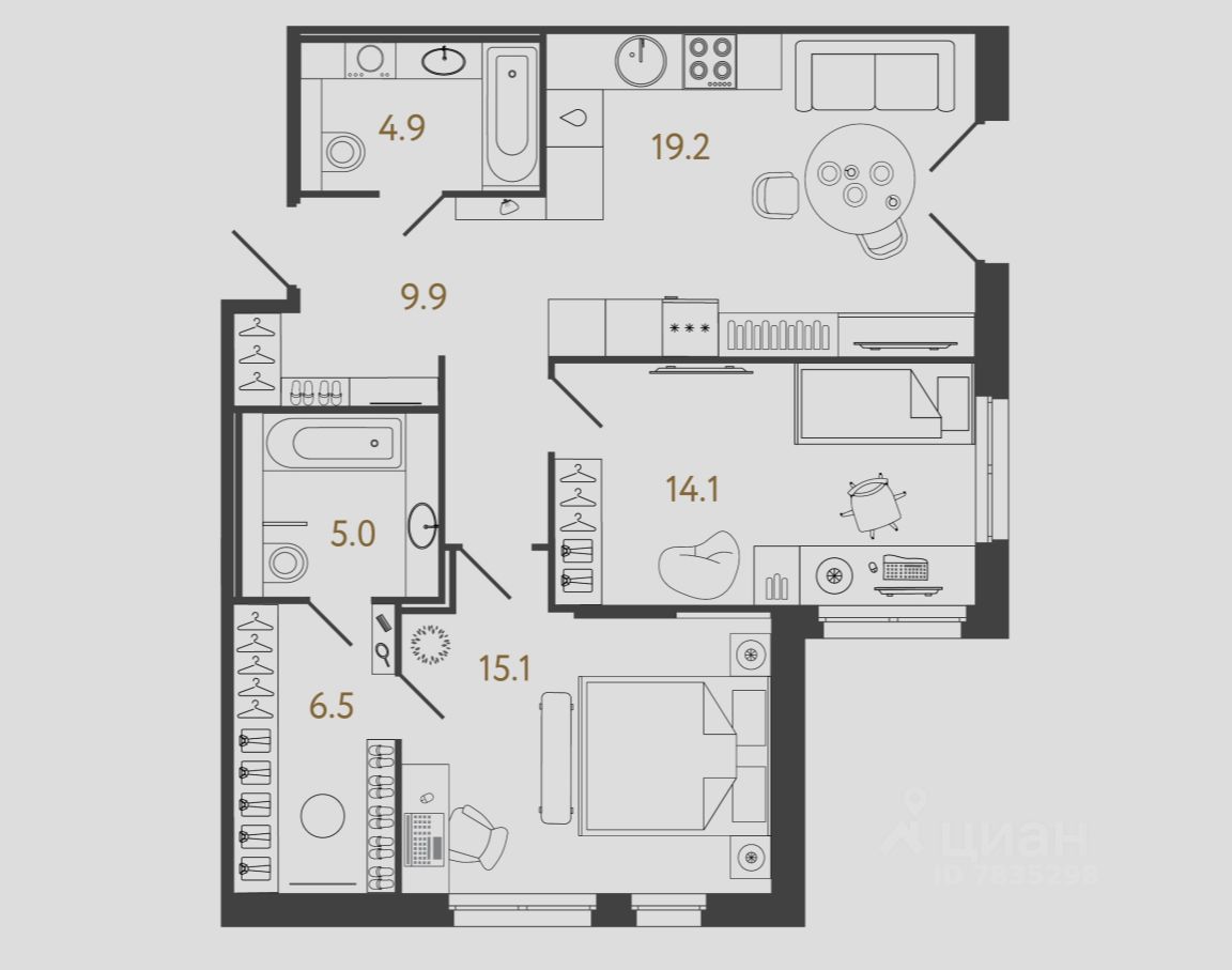 2-комн.кв., 74,7 м², 1/4 этаж