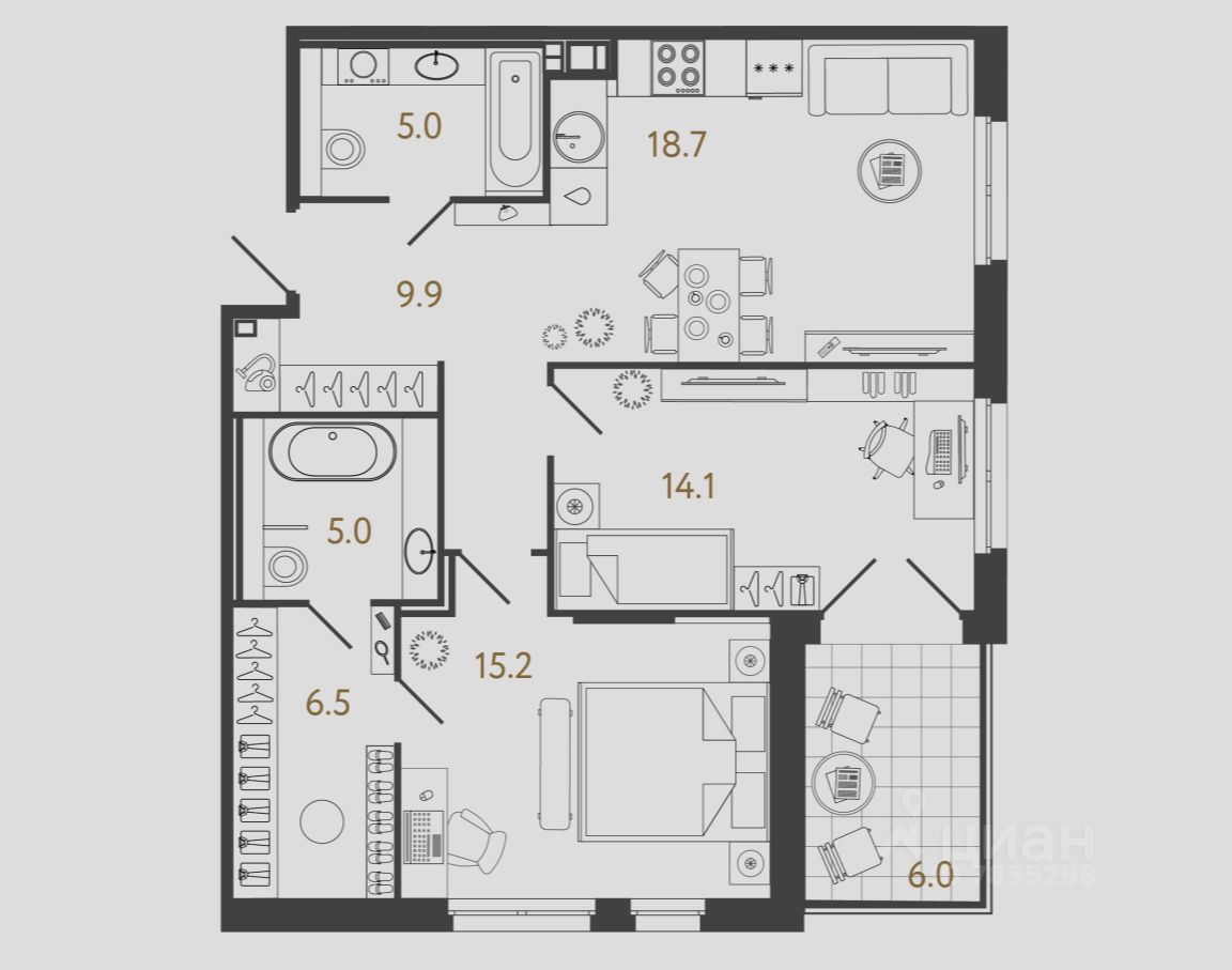 2-комн.кв., 74,4 м², 2/4 этаж
