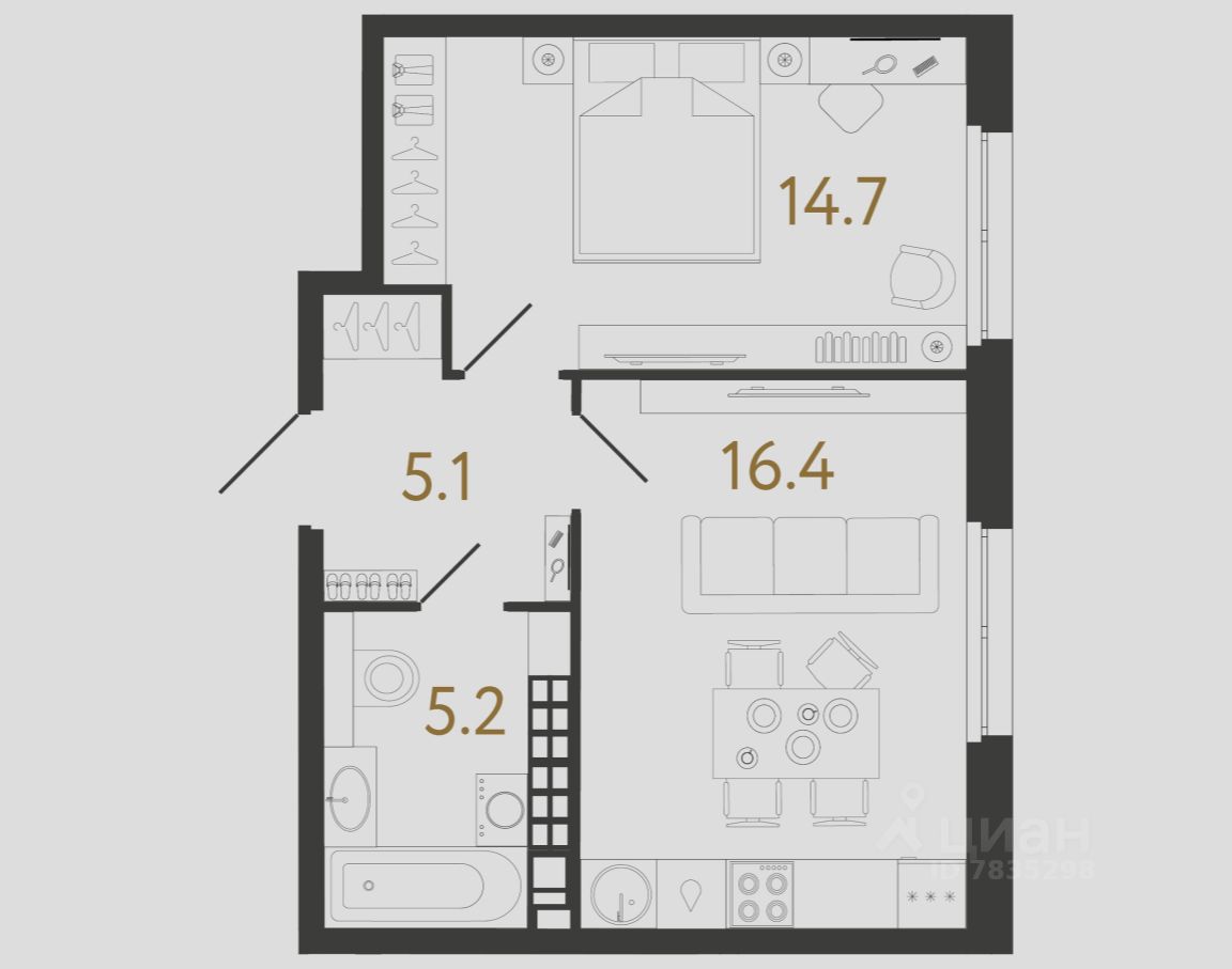 1-комн.кв., 41,4 м², 7/9 этаж