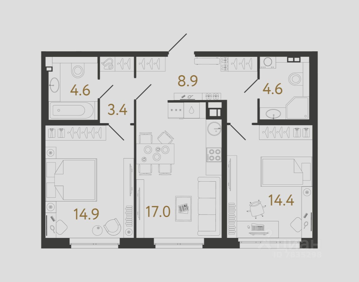 2-комн.кв., 67,8 м², 2/9 этаж